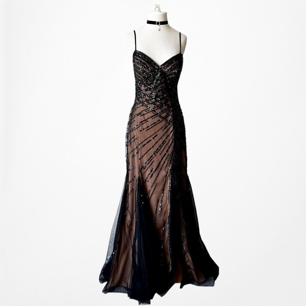 Vintage Y2K Brown Black Beaded Mesh Maxi Bodycon Side Slit Prom Dress Size M/L - Picture 5 of 13